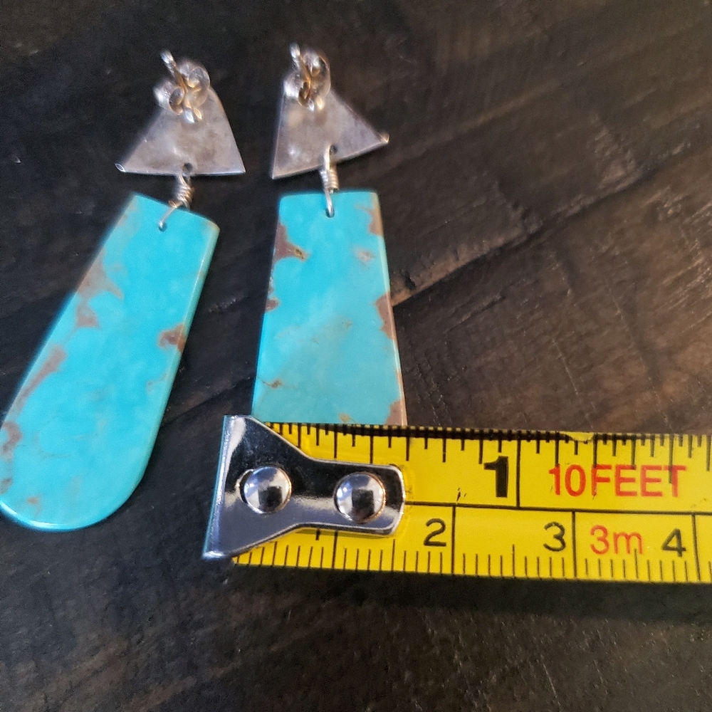 Vintage Navajo Turquoise Sterling Slab Earrings - Picture 7 of 8